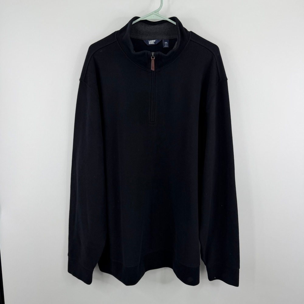 Lands End Quarter Zip Pullover Mens 3XL Black Cotton Blend‎ Ribbed Trim